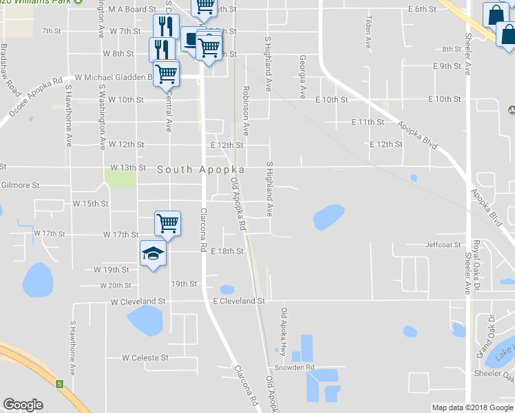 map of restaurants, bars, coffee shops, grocery stores, and more near 1272 South Highland Avenue in Apopka