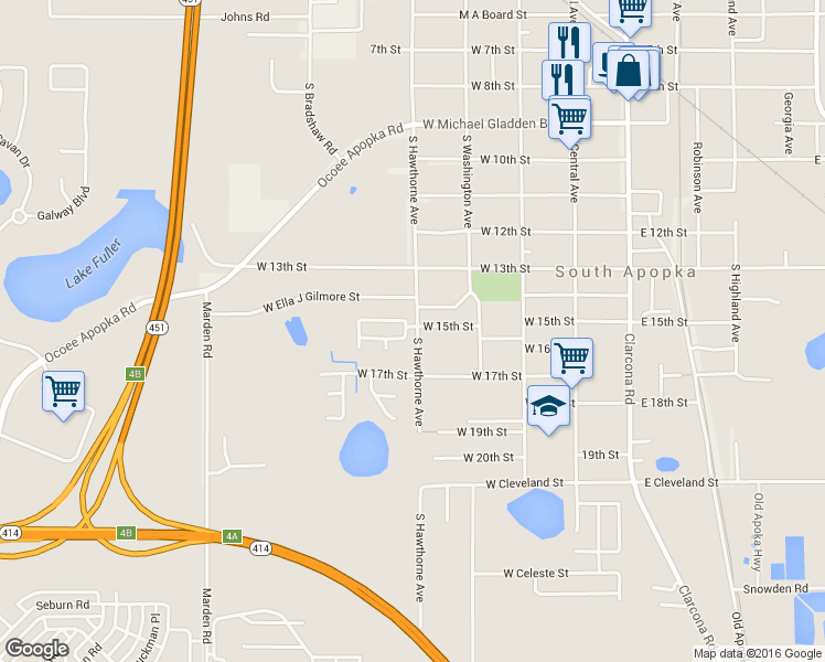 map of restaurants, bars, coffee shops, grocery stores, and more near 250 West Ella J Gilmore Street in Apopka