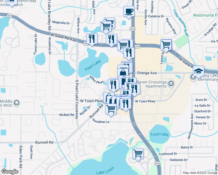map of restaurants, bars, coffee shops, grocery stores, and more near 237 Sterling Springs Lane in Altamonte Springs
