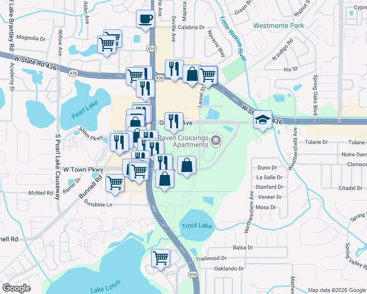map of restaurants, bars, coffee shops, grocery stores, and more near 826 Camargo Way in Altamonte Springs
