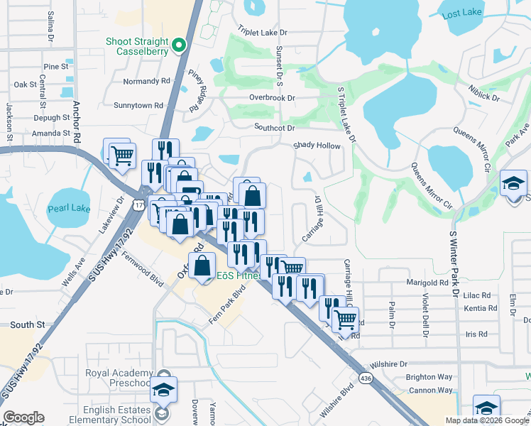 map of restaurants, bars, coffee shops, grocery stores, and more near 602 Kenwick Circle in Casselberry