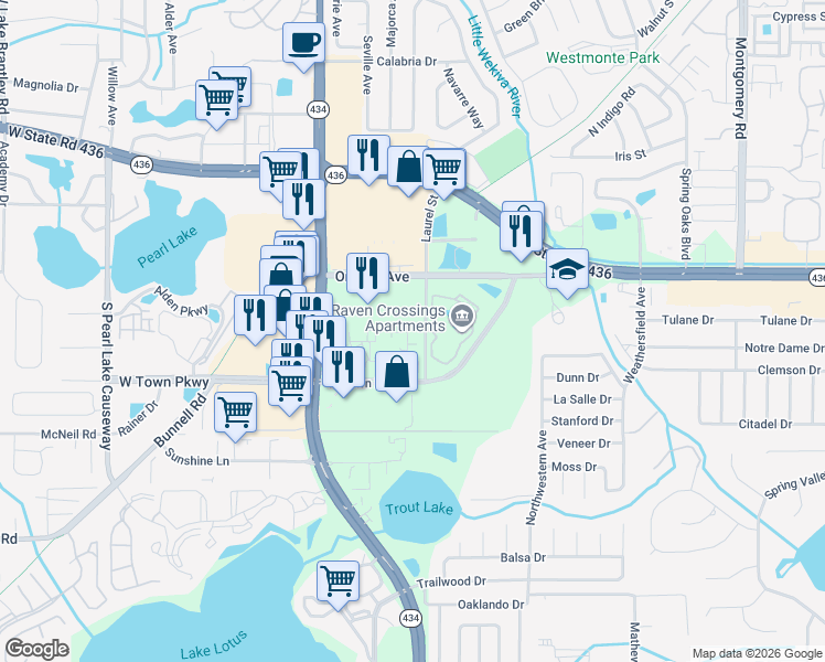 map of restaurants, bars, coffee shops, grocery stores, and more near 829 Camargo Way in Altamonte Springs