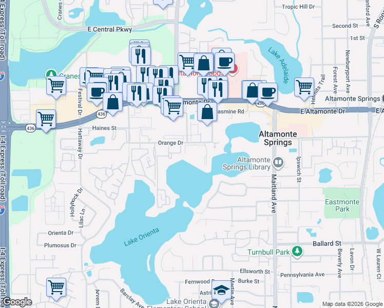 map of restaurants, bars, coffee shops, grocery stores, and more near 570 Orange Drive in Altamonte Springs