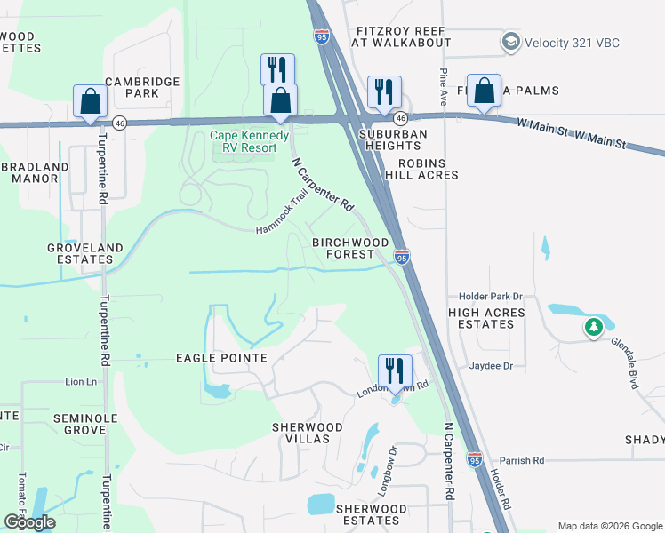 map of restaurants, bars, coffee shops, grocery stores, and more near 4480 Sugarberry Lane in Titusville