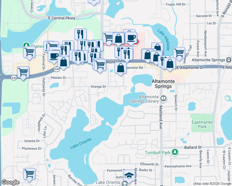 map of restaurants, bars, coffee shops, grocery stores, and more near 596 Orange Drive in Altamonte Springs