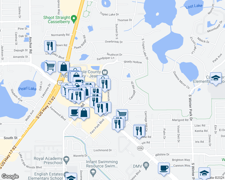 map of restaurants, bars, coffee shops, grocery stores, and more near 670 Kenwick Circle in Casselberry