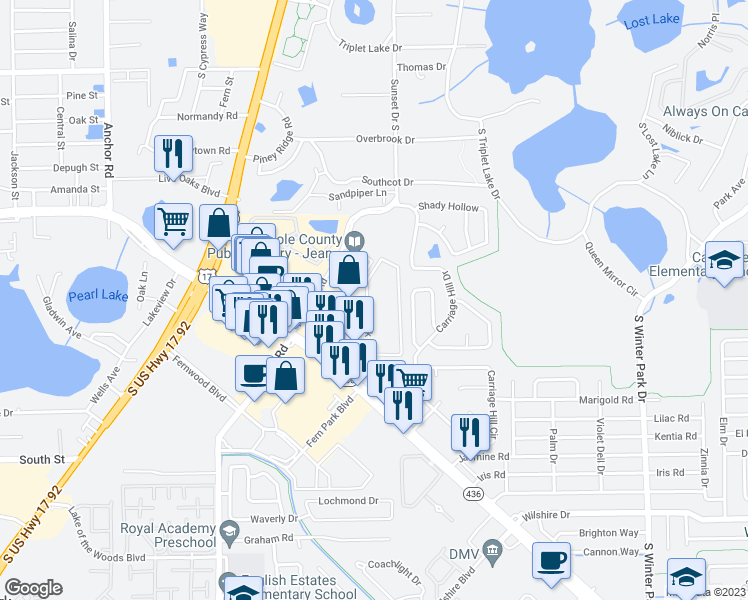 map of restaurants, bars, coffee shops, grocery stores, and more near 670 Kenwick Circle in Casselberry