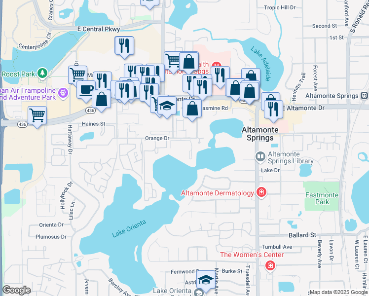 map of restaurants, bars, coffee shops, grocery stores, and more near 596 Orange Drive in Altamonte Springs