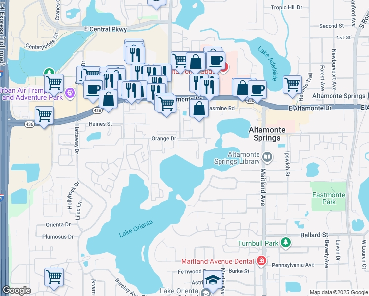 map of restaurants, bars, coffee shops, grocery stores, and more near 560 Orange Drive in Altamonte Springs
