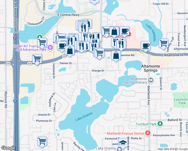 map of restaurants, bars, coffee shops, grocery stores, and more near 438 Windmill Palm Circle in Altamonte Springs