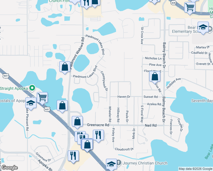 map of restaurants, bars, coffee shops, grocery stores, and more near 1228 Countrywind Drive in Apopka