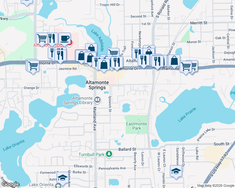 map of restaurants, bars, coffee shops, grocery stores, and more near 784 Orienta Avenue in Altamonte Springs