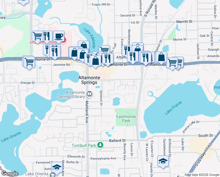 map of restaurants, bars, coffee shops, grocery stores, and more near 828 Orienta Avenue in Altamonte Springs
