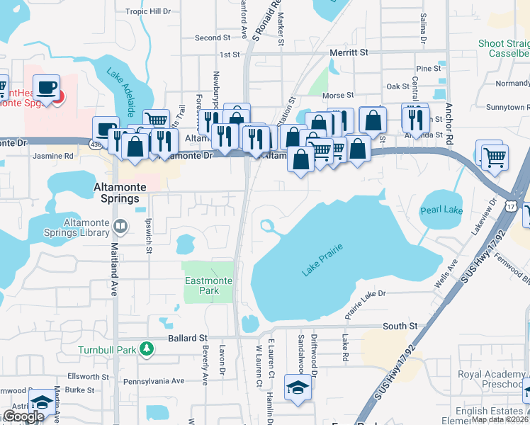 map of restaurants, bars, coffee shops, grocery stores, and more near 234 Robin Road in Altamonte Springs