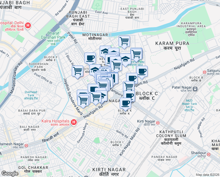 map of restaurants, bars, coffee shops, grocery stores, and more near Karampura Flyover in New Delhi