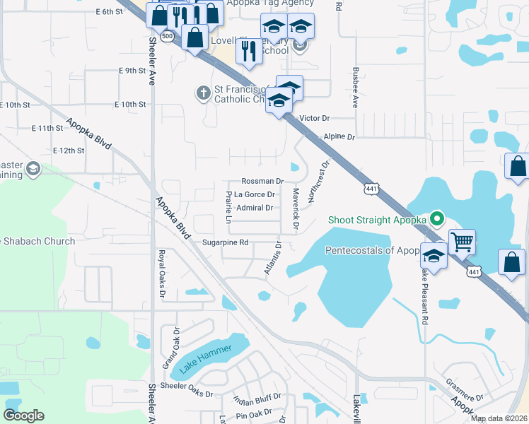 map of restaurants, bars, coffee shops, grocery stores, and more near 1313 Admiral Drive in Apopka