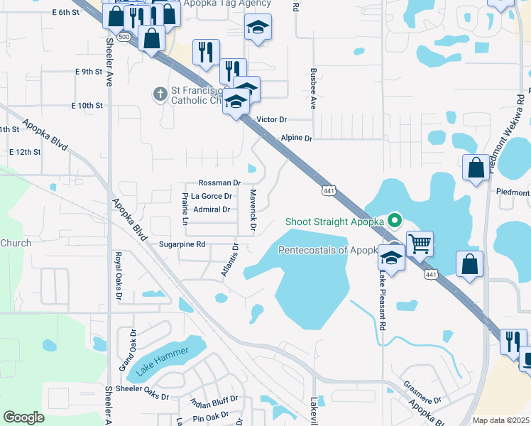 map of restaurants, bars, coffee shops, grocery stores, and more near 1440 Eden Drive in Apopka