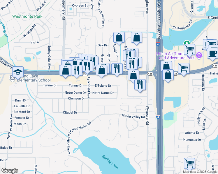 map of restaurants, bars, coffee shops, grocery stores, and more near 335 Tulane Drive in Altamonte Springs