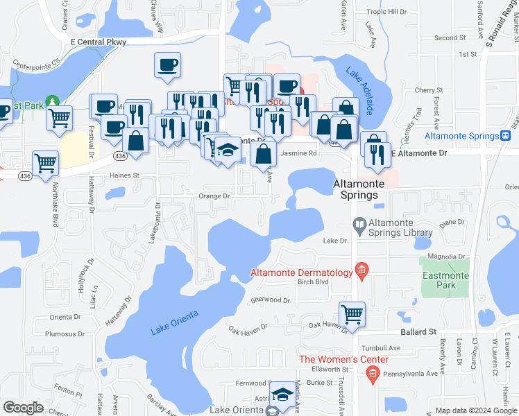 map of restaurants, bars, coffee shops, grocery stores, and more near 598 Orange Drive in Altamonte Springs