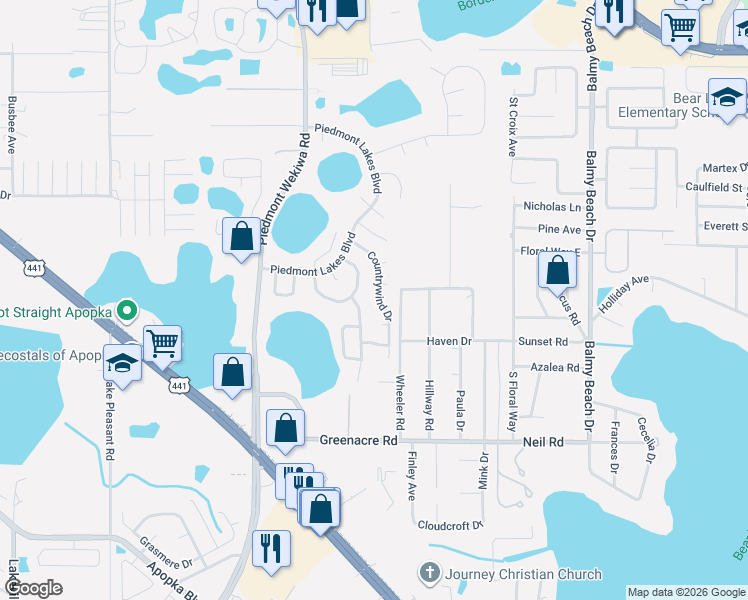 map of restaurants, bars, coffee shops, grocery stores, and more near 1228 Countrywind Drive in Apopka