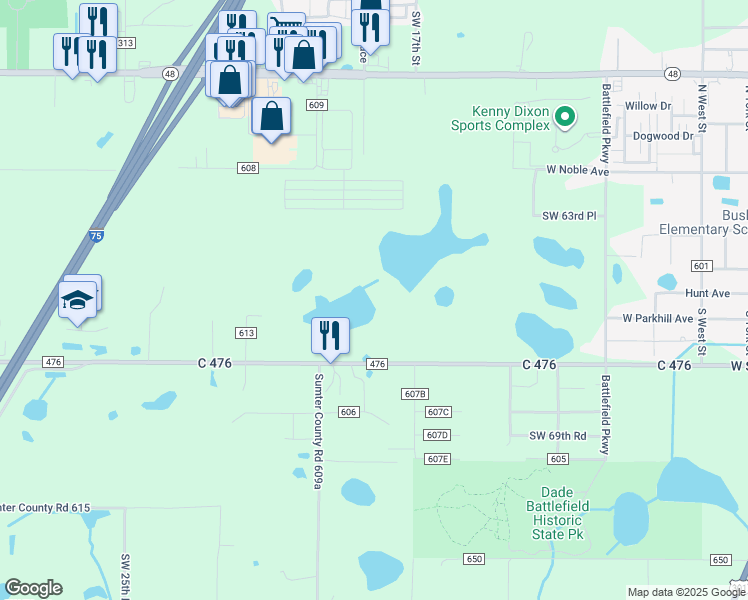 map of restaurants, bars, coffee shops, grocery stores, and more near 668 CR 625 in Bushnell