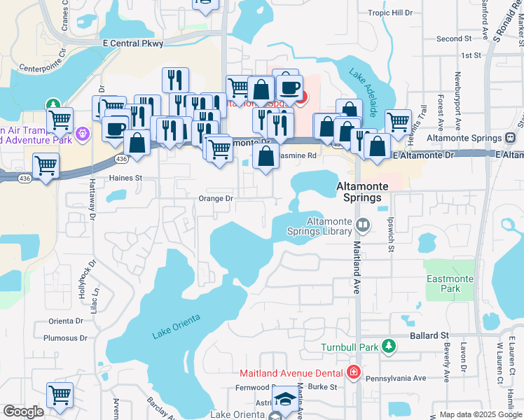 map of restaurants, bars, coffee shops, grocery stores, and more near 598 Orange Drive in Altamonte Springs