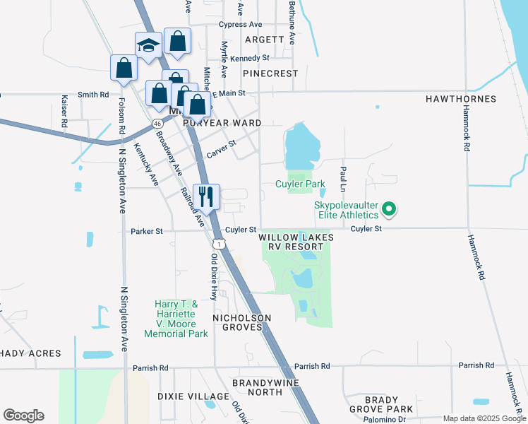 map of restaurants, bars, coffee shops, grocery stores, and more near 2327 Harry T Moore Avenue in Mims