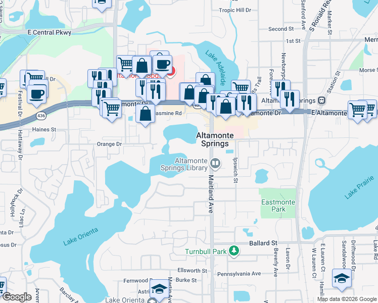 map of restaurants, bars, coffee shops, grocery stores, and more near 200 Maitland Avenue in Altamonte Springs