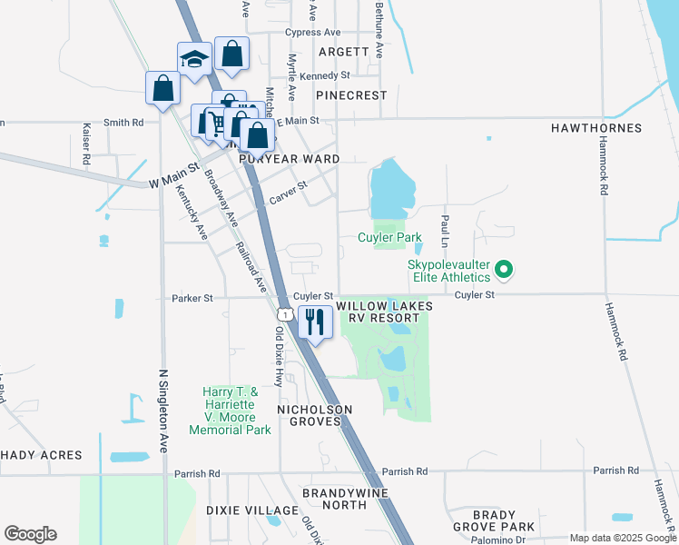 map of restaurants, bars, coffee shops, grocery stores, and more near 2327 Harry T Moore Avenue in Mims