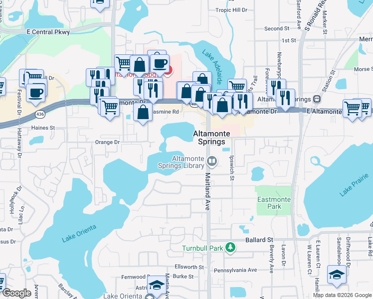 map of restaurants, bars, coffee shops, grocery stores, and more near 200 Maitland Avenue in Altamonte Springs