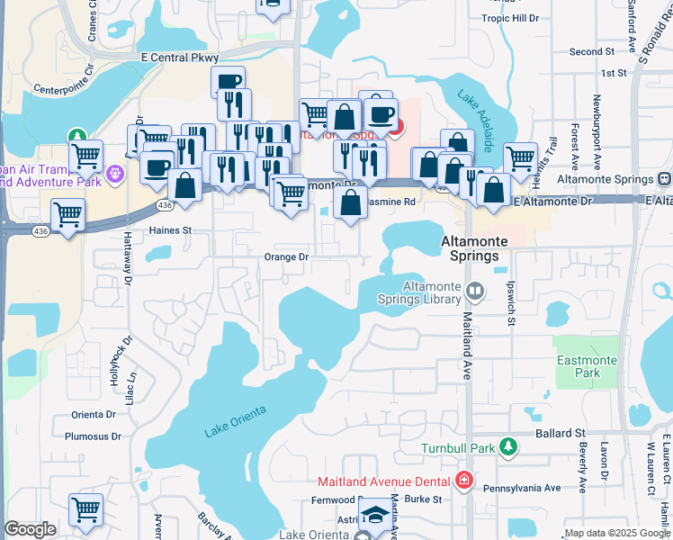 map of restaurants, bars, coffee shops, grocery stores, and more near 598 Orange Drive in Altamonte Springs