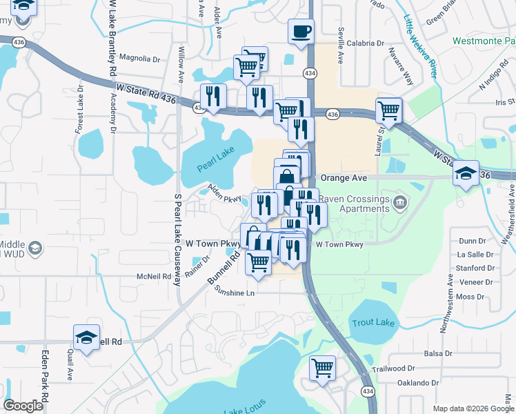map of restaurants, bars, coffee shops, grocery stores, and more near 212 Sterling Springs Lane in Altamonte Springs