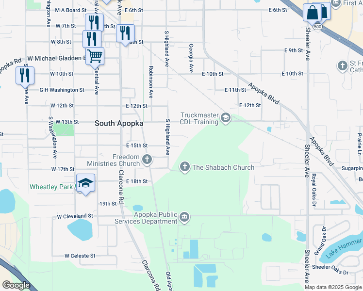 map of restaurants, bars, coffee shops, grocery stores, and more near 325 East 15th Street in Apopka