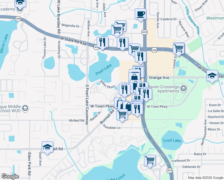 map of restaurants, bars, coffee shops, grocery stores, and more near 216 Afton Square in Altamonte Springs