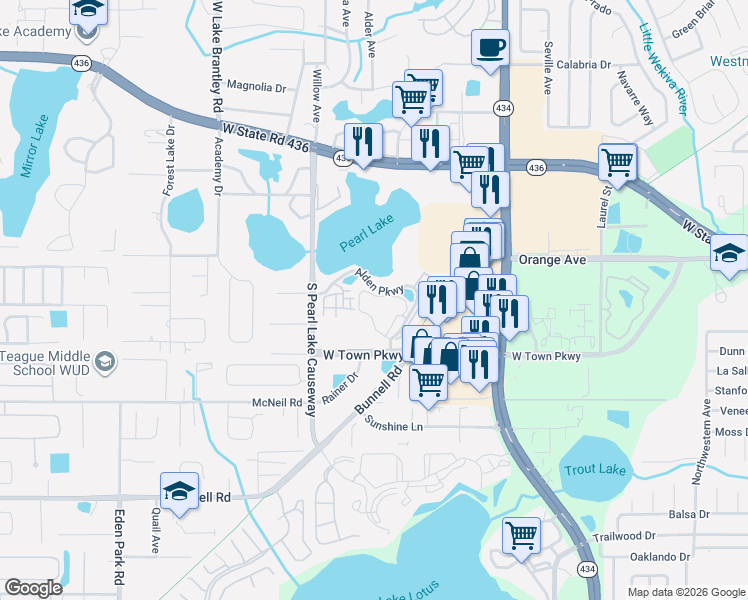 map of restaurants, bars, coffee shops, grocery stores, and more near 208 Afton Square in Altamonte Springs