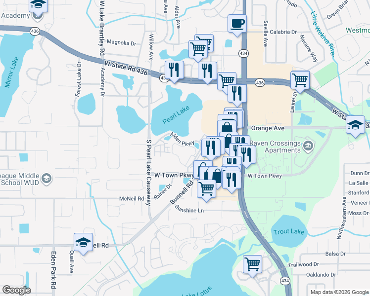 map of restaurants, bars, coffee shops, grocery stores, and more near 208 Afton Square in Altamonte Springs