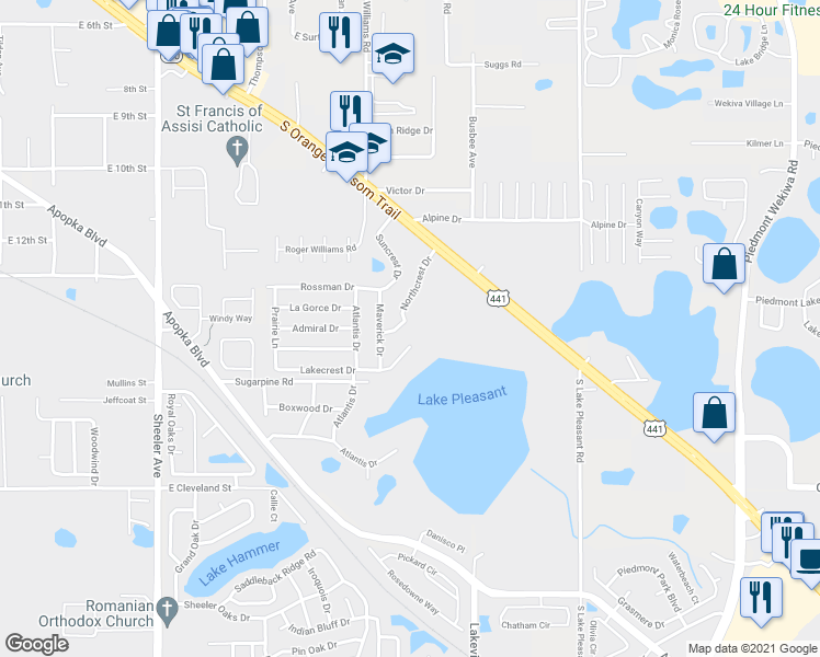 map of restaurants, bars, coffee shops, grocery stores, and more near 1448 Eden Drive in Apopka