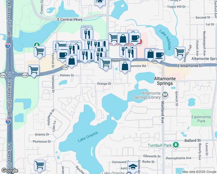 map of restaurants, bars, coffee shops, grocery stores, and more near 560 Orange Drive in Altamonte Springs