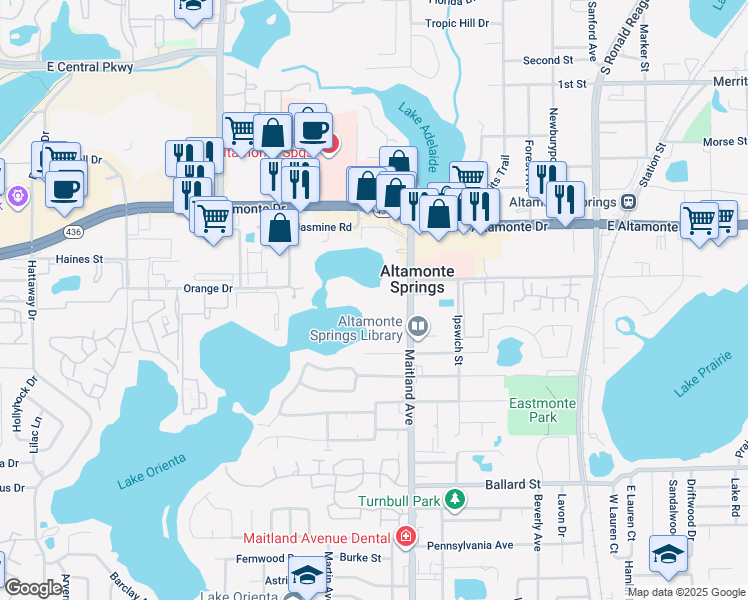 map of restaurants, bars, coffee shops, grocery stores, and more near 200 Maitland Avenue in Altamonte Springs