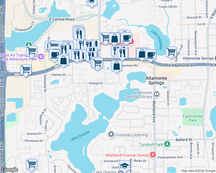 map of restaurants, bars, coffee shops, grocery stores, and more near 560 Orange Drive in Altamonte Springs