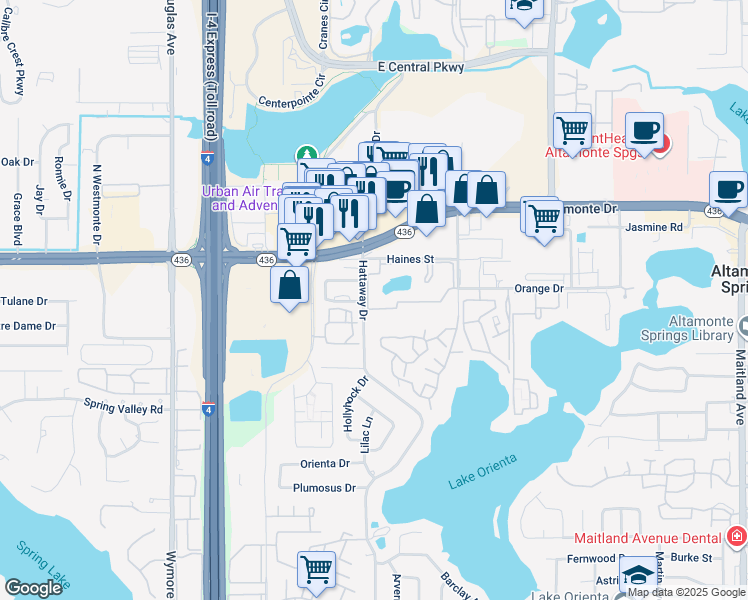 map of restaurants, bars, coffee shops, grocery stores, and more near 6 Escondido Circle in Altamonte Springs