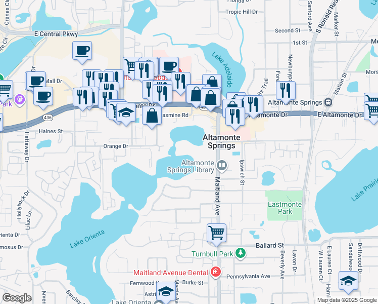 map of restaurants, bars, coffee shops, grocery stores, and more near 200 Maitland Avenue in Altamonte Springs