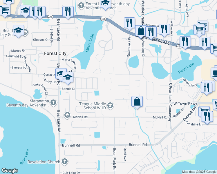 map of restaurants, bars, coffee shops, grocery stores, and more near 4017 Bonnie Drive in Apopka