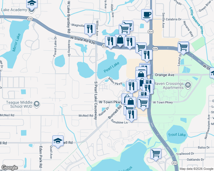 map of restaurants, bars, coffee shops, grocery stores, and more near 1067 Charter Oak Lane in Altamonte Springs