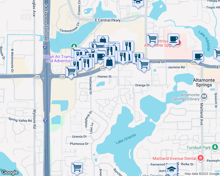 map of restaurants, bars, coffee shops, grocery stores, and more near 8 Escondido Circle in Altamonte Springs