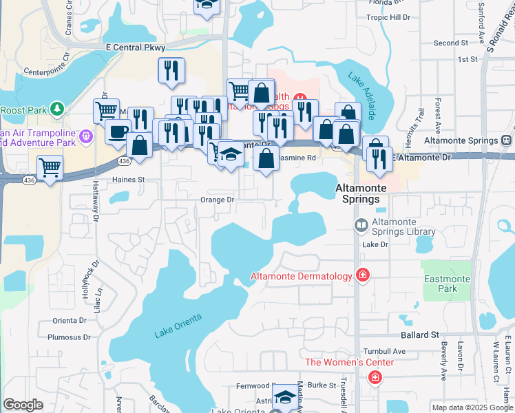 map of restaurants, bars, coffee shops, grocery stores, and more near 596 Orange Drive in Altamonte Springs