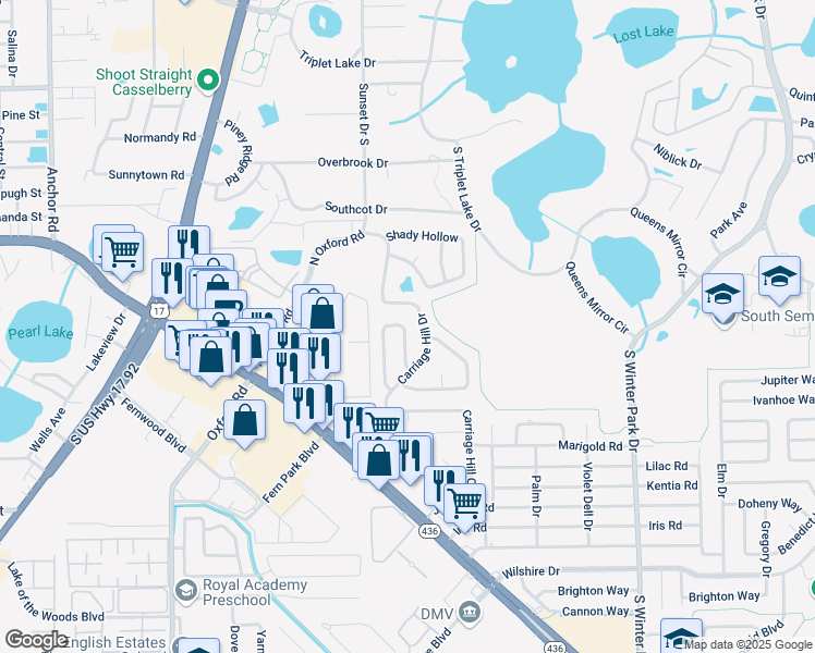 map of restaurants, bars, coffee shops, grocery stores, and more near 32 Bayberry Branch in Casselberry