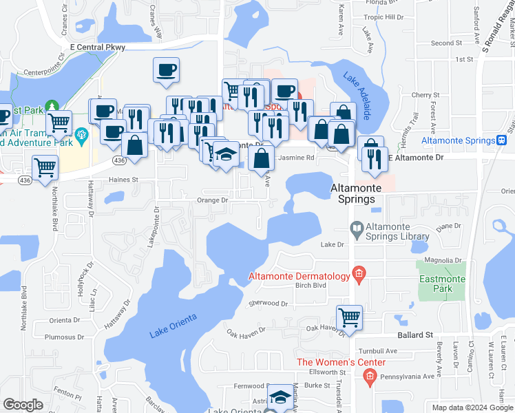 map of restaurants, bars, coffee shops, grocery stores, and more near 596 Orange Drive in Altamonte Springs