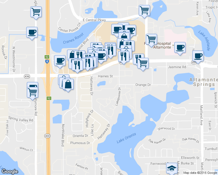 map of restaurants, bars, coffee shops, grocery stores, and more near 8 Escondido Circle in Altamonte Springs