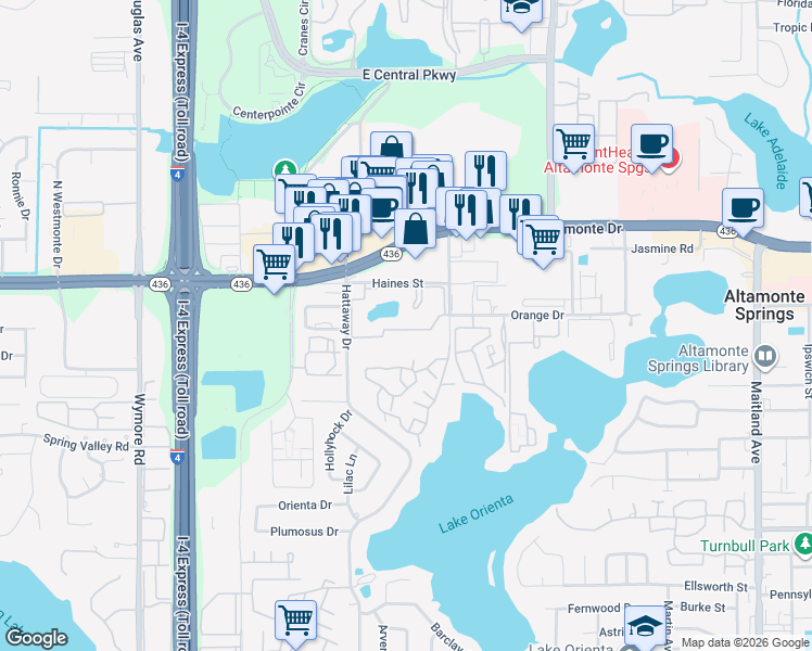 map of restaurants, bars, coffee shops, grocery stores, and more near 8 Escondido Circle in Altamonte Springs